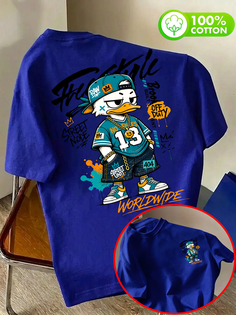 Pure Cotton Crew Neck T-Shirt, Unisex, Trendy Cool Duck, No. 13 Jersey, Multi-Element Badge, Double-Sided Front and Back Print with Letters, Breathable and Non-Sticky Back, Casual and Versatile, Suitable for Commuting, Sports, Outdoor Travel - Royal Blue