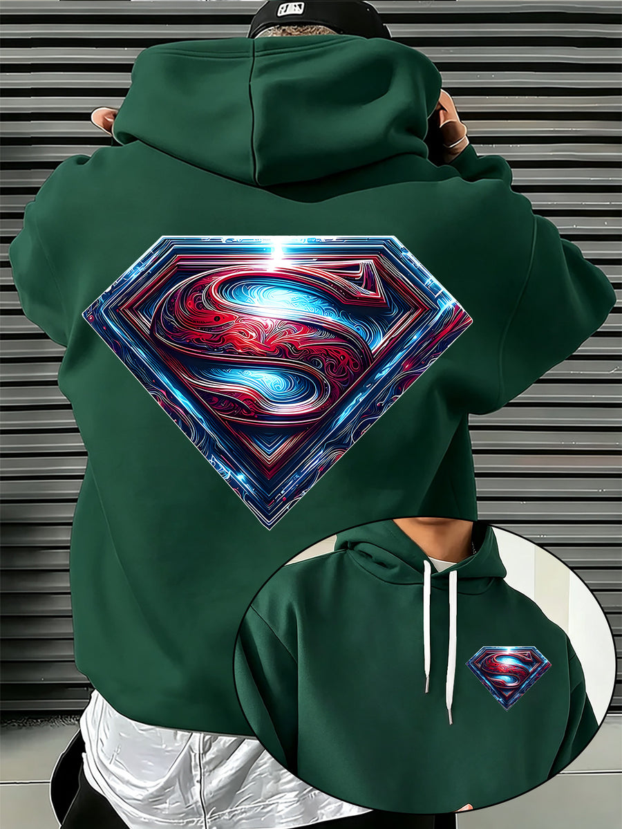 Warner Bros. Official Light and Shadow Superman S-Logo Printed Hooded Sweatshirt — Unisex Loose Pullover, Suitable for Casual, Sports, and Daily Wear, Machine Washable and Warm, for Autumn and Winter - Green