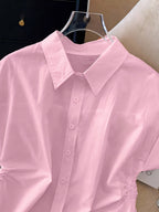 Women's Casual Short-Sleeve Single-Breasted Button-Up Short Shirt with Drawstring, Simple Loose Fit Top for Outings and Commuting, Suitable for Summer - Pink 2