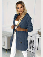 New Women's Autumn/Winter Solid Color Long Sleeve Mid-Length Hooded Pocket Simple Casual Fashion Versatile Daily Wear Sweater Cardigan Jacket - Navy Color