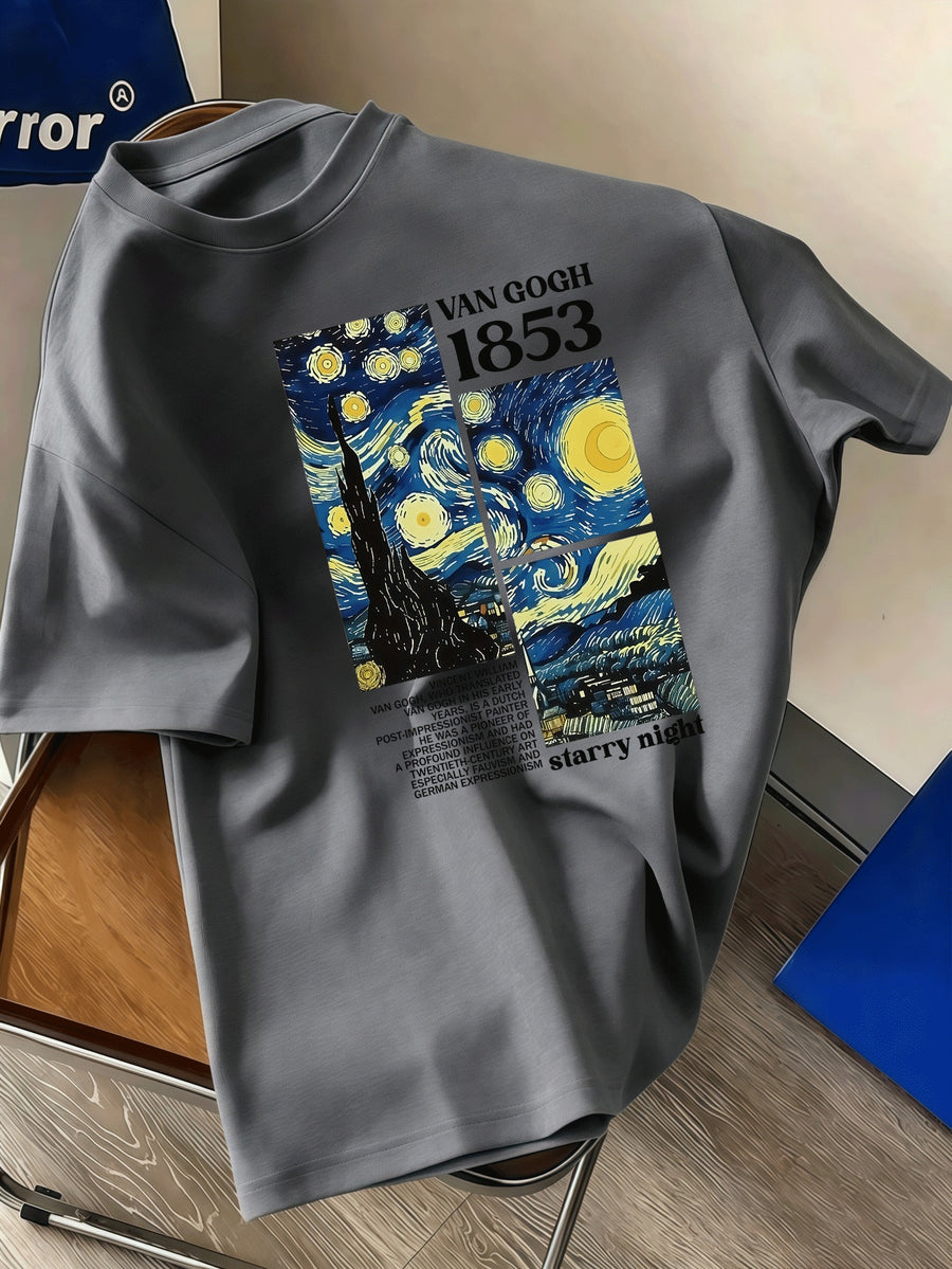 Men'S Short Sleeve Round Neck Top with Retro Starry Night Oil Painting Print, Artistic Trendy Street Style, Casual All-Season Wear, Unique Temperament Expression - Grey