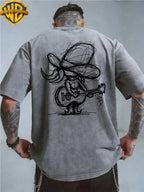 [Warner Bros] Official Authorization, Guitar Playing Denim Print Design, American Retro Washed Distressed T-Shirt, Outdoor Sports Casual Clothing, Daily Commuting, Machine Washable - Grey