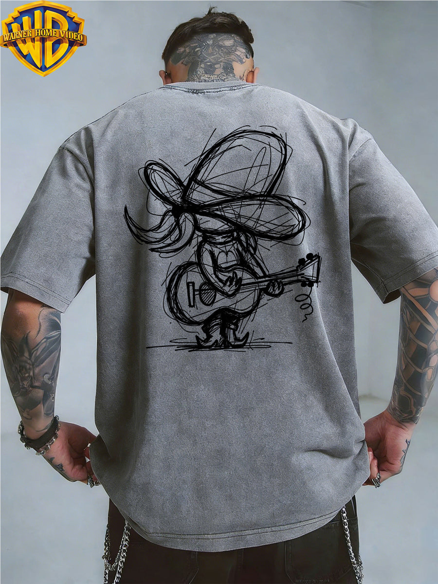 [Warner Bros] Official Authorization, Guitar Playing Denim Print Design, American Retro Washed Distressed T-Shirt, Outdoor Sports Casual Clothing, Daily Commuting, Machine Washable - Grey