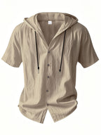 Men's Two-pc Linen Hooded Short-Sleeve Summer Solid Color Beach Vacation Loose Fit Casual Shirt - Khaki + Khaki