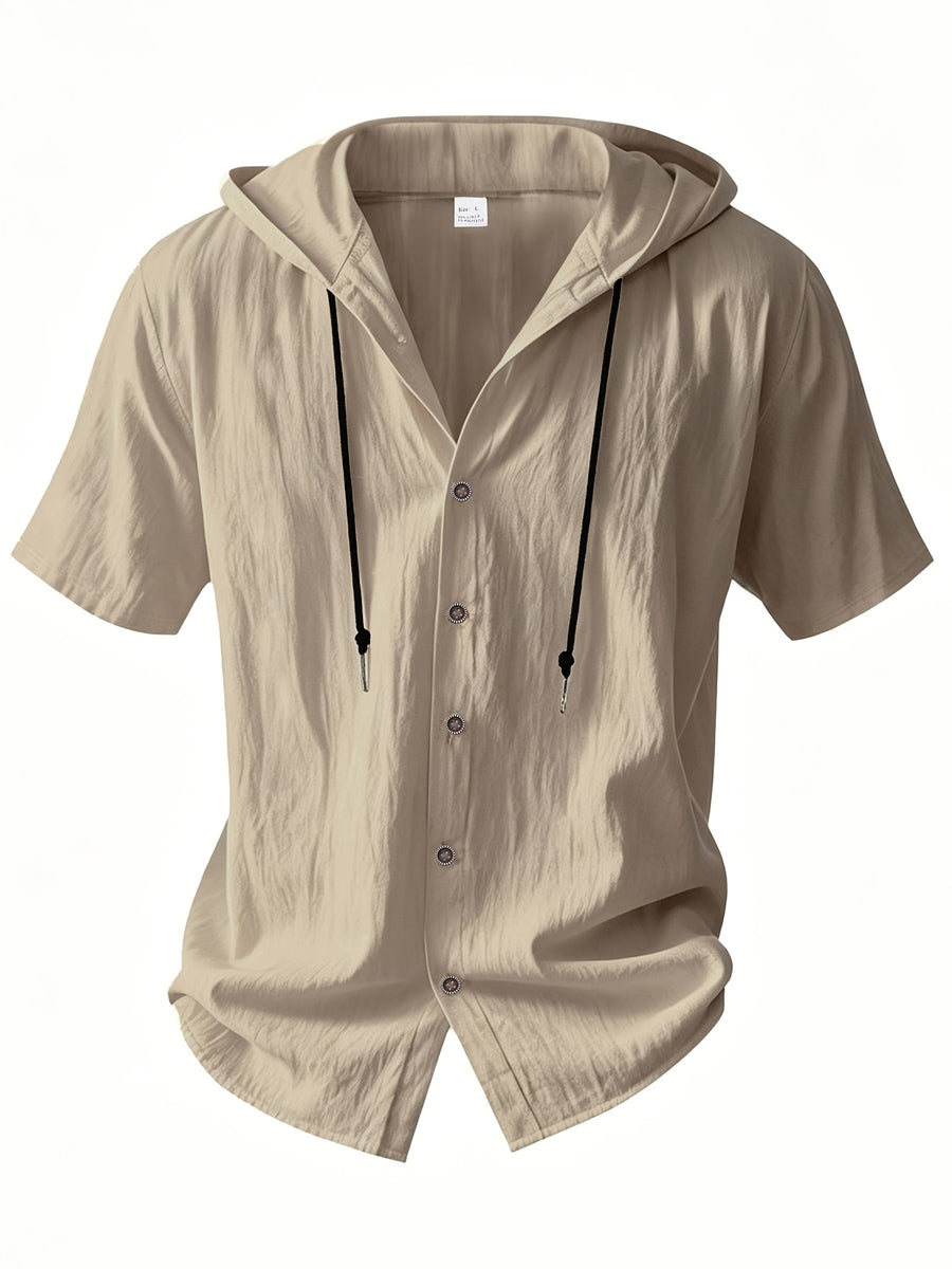 Men's Two-pc Linen Hooded Short-Sleeve Summer Solid Color Beach Vacation Loose Fit Casual Shirt - Khaki + Khaki