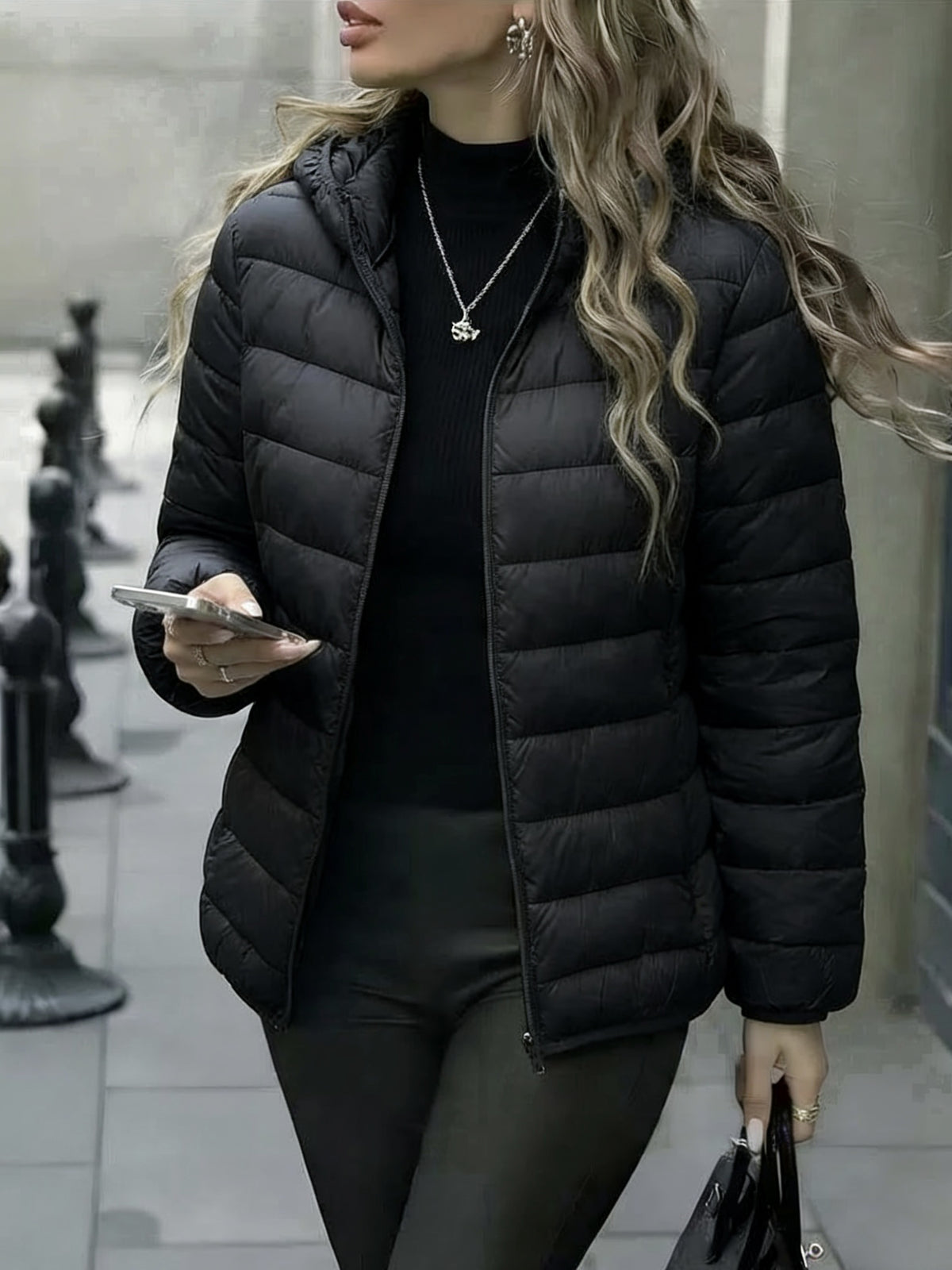 Spring, Autumn, Winter Women's Padded Coat, Fall/Winter Women's Apparel, Hooded Design, Full Zip Front, New Year, Valentine's Day, Popular Korean Top, Suitable for Office, Commuting, Shopping, Simple Outerwear, Coat for Petite Women, High-Quality - Black