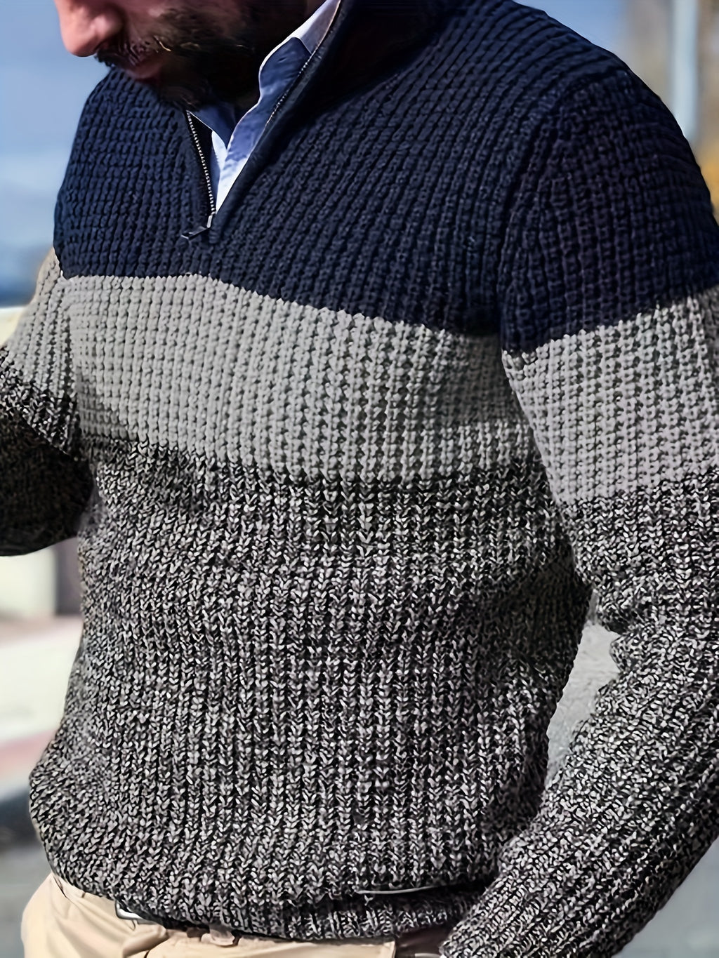 Holiday Pre-Heat 1-Piece Men's Lapel Color-Block Sweater Pullover Half-Zip Warm Casual Party Knitwear for Autumn/Winter Regular Streetwear - Grey