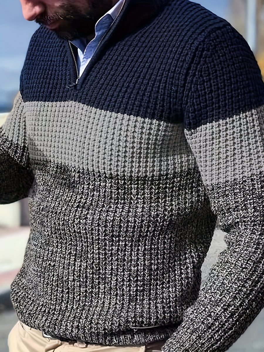 Holiday Pre-Heat 1-Piece Men's Lapel Color-Block Sweater Pullover Half-Zip Warm Casual Party Knitwear for Autumn/Winter Regular Streetwear - Grey