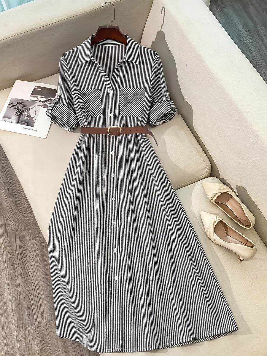 Women'S Fashion Commuter Casual Lapel A-Line Striped Dress, Suitable for Daily Office Wear - Black