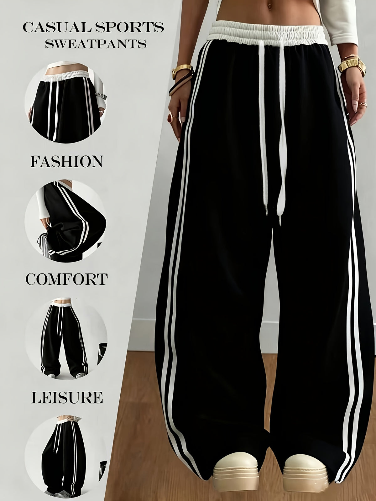 Women's casual fashionable wide-leg sports pants, suitable for yoga, fitness, and athletic wear - Black