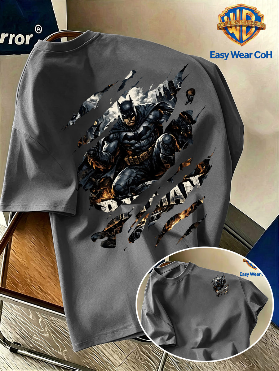 Warner Authorized New Men'S Casual Round Neck Short Sleeve T-Shirt, Front And Back Ripped Claw Mark Effect Batman Creative Pattern Print, Trendy Cool Individual Men'S Top, Niche Print Non-Collision Style, Soft Skin-Friendly Breathable Fabric - Dark Gray