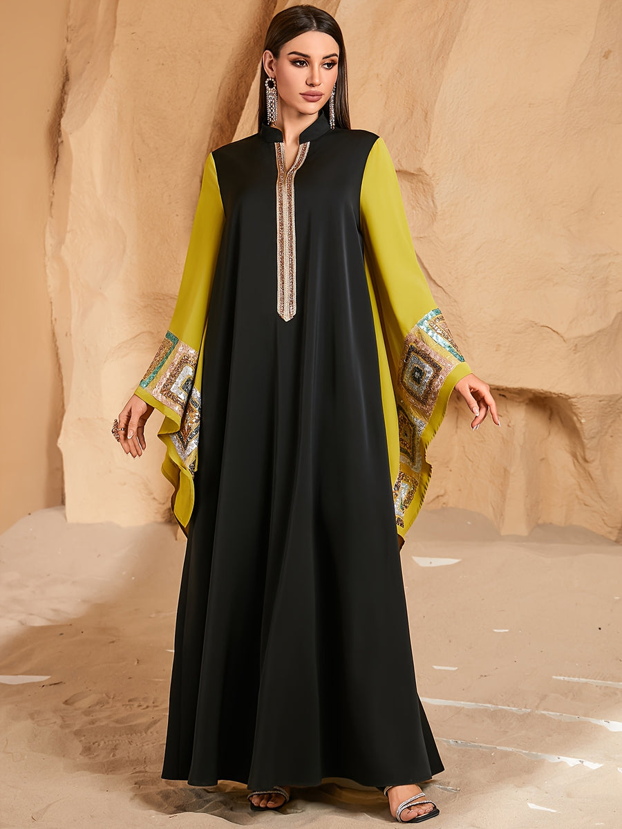 Women'S Spring Summer Fashion Sequin Appliqué Patchwork Ribbon V-Neck Contrast Loose Long Sleeve Arab Banquet Dress - Black