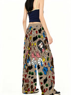 Women'S Fashion Casual Athletic Pants, Full-Length Cartoon Graffiti Print - Khaki Basic Loose Trousers, Suitable for Campus, Gym, And Daily Wear, Breathable Drawstring Waistband, Printed Design - Non-Textured - Mixed colors