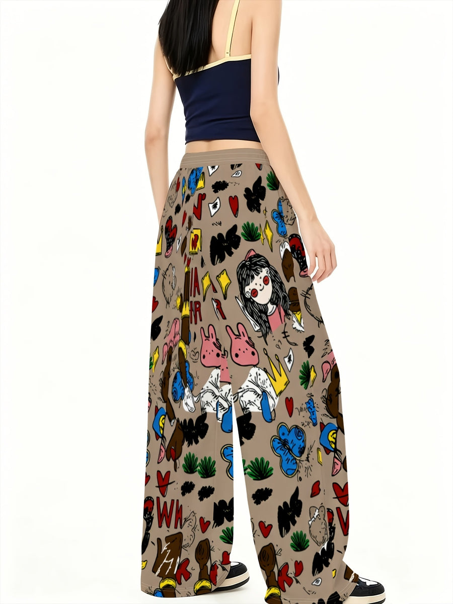 Women'S Fashion Casual Athletic Pants, Full-Length Cartoon Graffiti Print - Khaki Basic Loose Trousers, Suitable for Campus, Gym, And Daily Wear, Breathable Drawstring Waistband, Printed Design - Non-Textured - Mixed colors