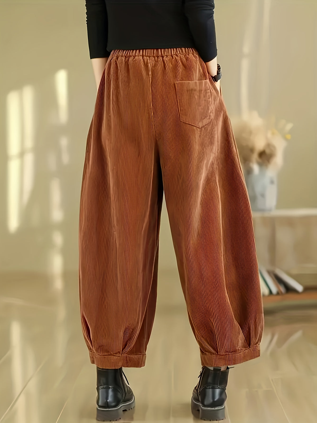 Plus Size - Plus Size - Women'S Plus Size Autumn And Winter Casual Retro Corduroy Cropped Pants, Versatile And Fashionable Loose Fit, Casual Style with Pockets, Comfortable to Wear in All Seasons, High-Waisted Pants - Bronze