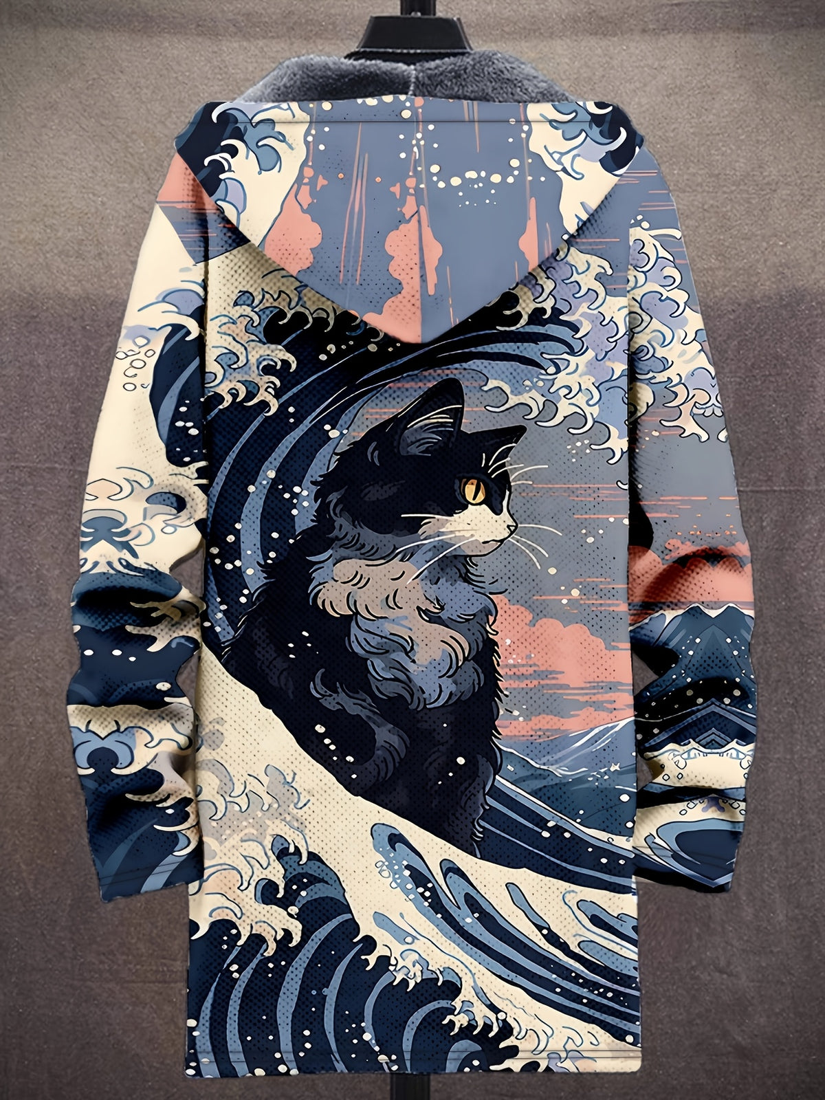 Vintage Japanese Art Wave Pattern Printed Fashion Men's Plush Thick Long-Sleeved Cardigan Coat Winter Warm Zipper Hooded Coat - Khaki