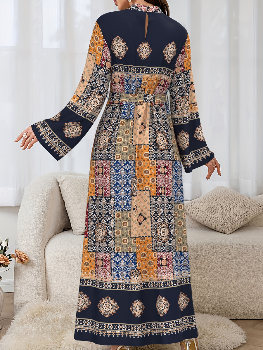Elegant Long-Sleeved Dress for Women, Featuring a Middle Eastern Style, with a Belt, Made of Fabric, And Machine Washable - Multicolor
