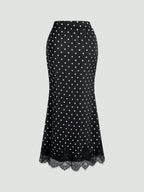 New Women'S Fashion Commuter Polka Dot High-Waist Slim-Fit Hem Lace Trim Half-Skirt, Suitable for Dating, Shopping, Vacation, Matching - Black And White