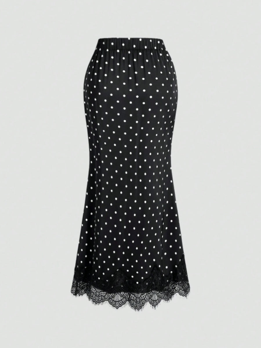 New Women'S Fashion Commuter Polka Dot High-Waist Slim-Fit Hem Lace Trim Half-Skirt, Suitable for Dating, Shopping, Vacation, Matching - Black And White