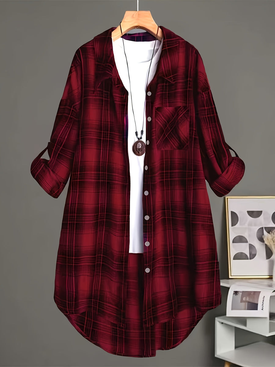 Plus Size - Plus Size - Classic Tartan Check Shirt, Mid-Length/Spring/Autumn Style/Women'S Clothing - Deep Red