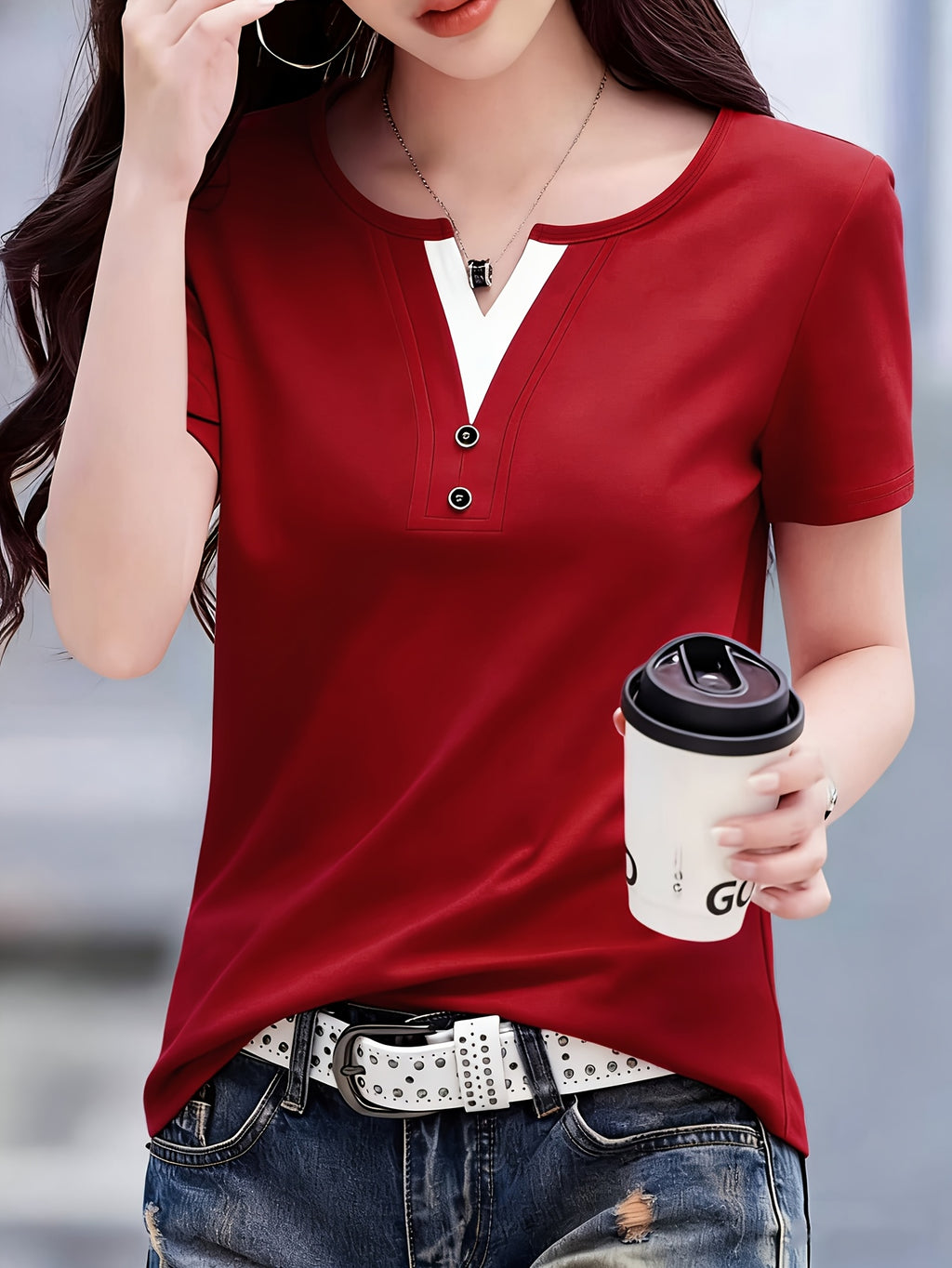 Ladies Casual Fashion Two-Piece Top - Red