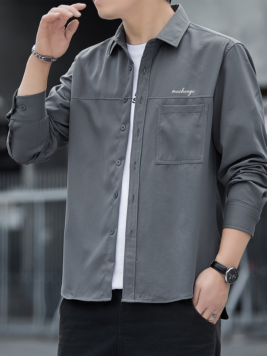 Men'S Long Sleeve Shirt Patchwork Single Pocket Letter Print Outdoor Casual Spring Autumn Regular Daily Commute Office Date Party - Grey