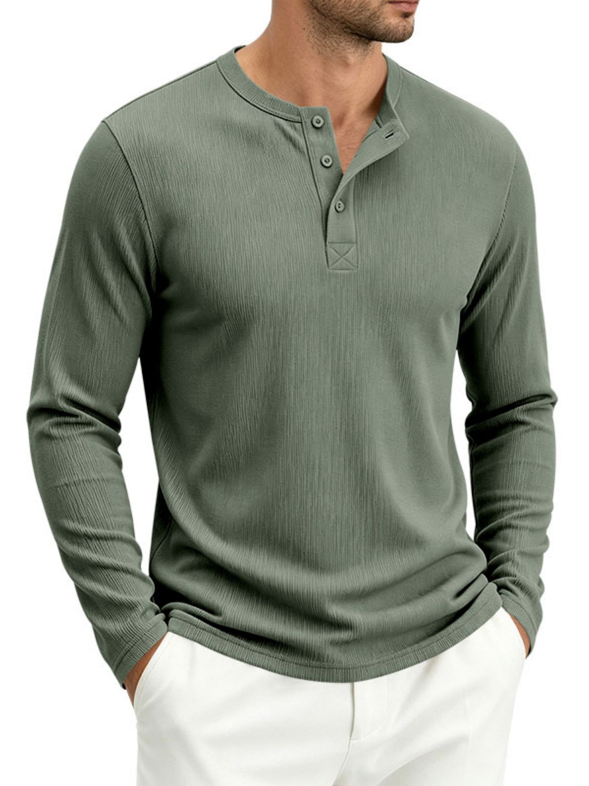 Men's Spring Fall Heavyweight Ribbed Henley Shirt, American Retro Casual Long Sleeve Top, Breathable Loose Commute Henley Neck Tee - Light Green