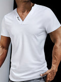 Men'S Textured Boutique Waffle Black And White Contrasting Color Doorman Print Design Fashion V-Neck Short-Sleeved Outdoor Sports Casual Henley Shirt - White