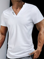 Men'S Textured Boutique Waffle Black And White Contrasting Color Doorman Print Design Fashion V-Neck Short-Sleeved Outdoor Sports Casual Henley Shirt - White