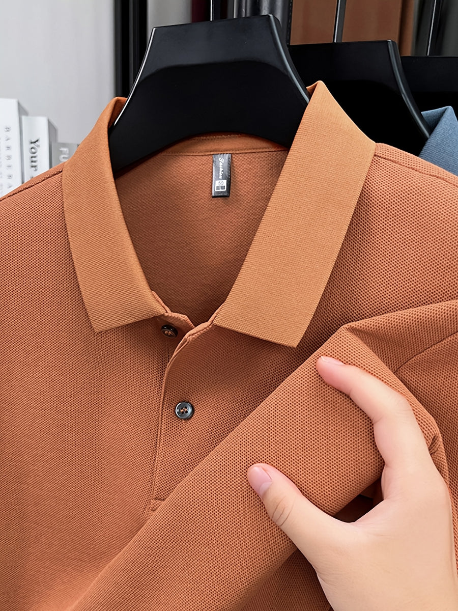 Spring and Autumn Men's Lapel Polo Shirt, Fashionable Solid Color Base Layer Top, Versatile Business Casual Long Sleeve T-Shirt, Suitable for Daily Work Scenes, The Best Gift for Friends and Relatives - Tangerine