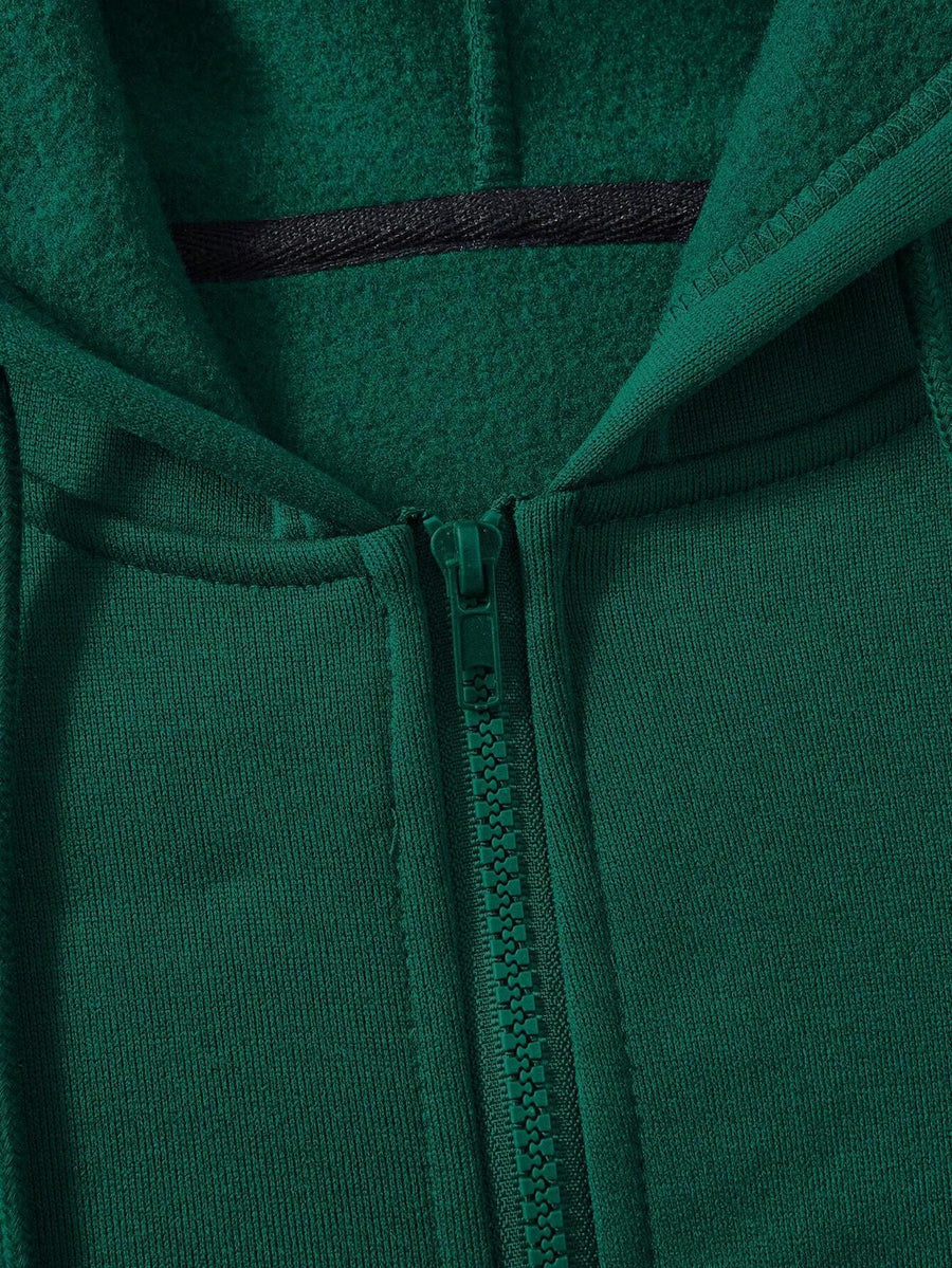 95% Polyester 5% Spandex, Men's Casual Pocket Zipper Drawstring Hooded Sweatshirt, Chest Placement Patch Embroidery, 240g Global All-Season Base Layer, Factory-Made for Men's Comfort, High Quality, High Fit Rate, Casual Sportswear - Green