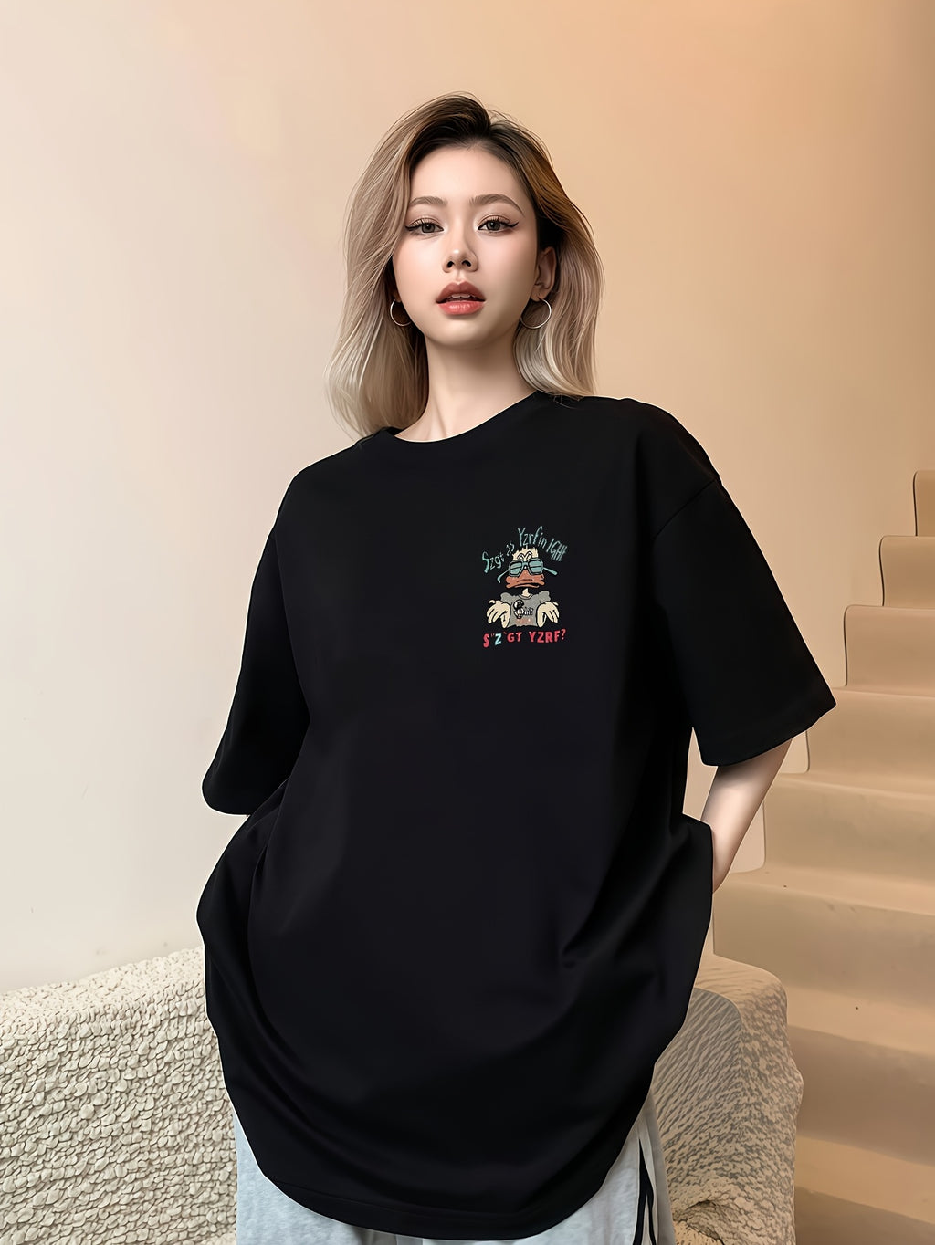 Women's Short Sleeve T-Shirt, New Spring/Summer Style, Korean Style Loose Fit, Solid Color Pullover, Versatile and Simple Top, Fashionable and Trendy Commuter Top, Solid Color T-Shirt for Women - Black