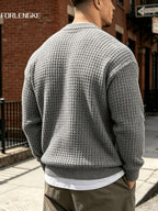 FORLENGKE Autumn/Winter New Arrival Men's Round Neck Waffle Knit Sweater, Three-Dimensional Checkered Weave Texture, Loose Fit Long Sleeve Pullover, Solid Color Basic Style for Daily Streetwear, Commuting, Simple and Versatile, Casual Inner or Outer - Grey