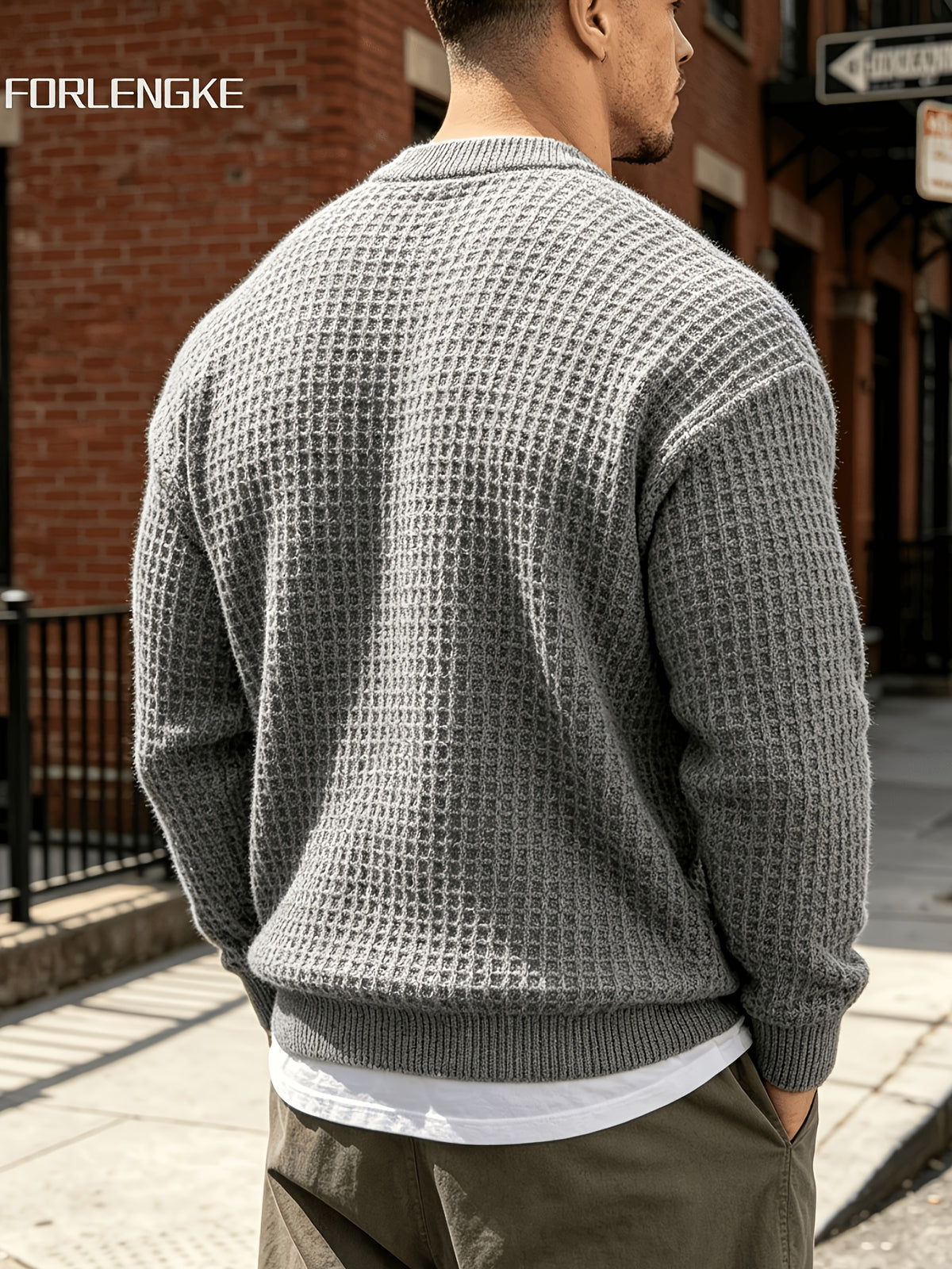 FORLENGKE Autumn/Winter New Arrival Men's Round Neck Waffle Knit Sweater, Three-Dimensional Checkered Weave Texture, Loose Fit Long Sleeve Pullover, Solid Color Basic Style for Daily Streetwear, Commuting, Simple and Versatile, Casual Inner or Outer - Grey
