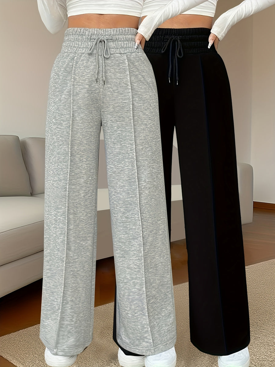 2pcs High-Waisted Wide-Leg Pants - Wide-Leg Trousers with Full-Length Pants, Solid Color Casual Winter Pants, Machine Washable & Dry Cleanable, Comfortable for Fall/Winter, Office, Semi-Formal or Casual Attire - Non- - Light Grey+Black