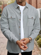 Men'S Waffle Knit Long Sleeve Button-Up Shirt, Casual Lapel Workwear with Chest Pocket, Lightweight And Breathable Daily Top, Autumn Menswear - Grey