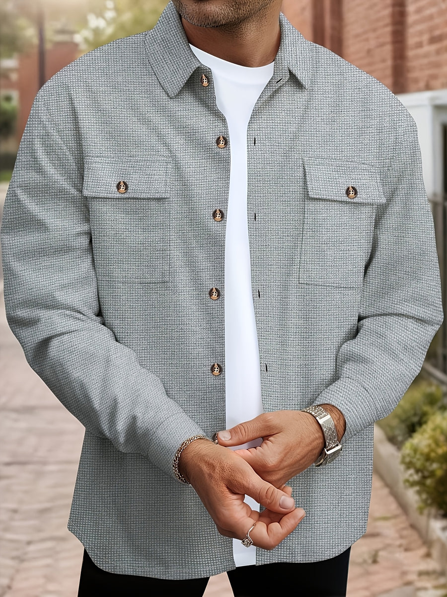 Men'S Waffle Knit Long Sleeve Button-Up Shirt, Casual Lapel Workwear with Chest Pocket, Lightweight And Breathable Daily Top, Autumn Menswear - Grey