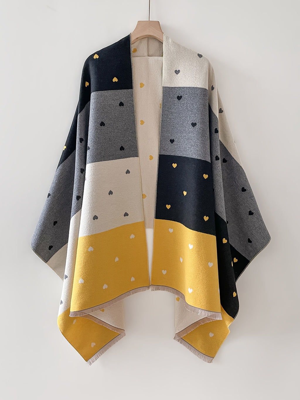 Plus Size - Color-Block Heart Cape, Valentine'S Day Fashion Gift, Western Date And Party Warm Outerwear, Retro And Playful Fusion - Lemon Yellow