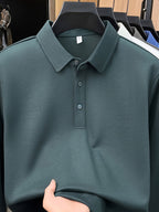 Men's Solid Color Long-Sleeve Polo Shirt, Simple and Clean Design Without Logo, Slightly Relaxed Fit, Flattering on All Body Types, Suitable for Spring and Autumn - SINBOS - Green