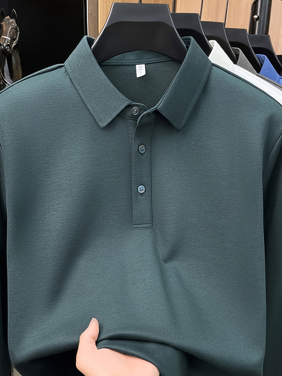 Men's Solid Color Long-Sleeve Polo Shirt, Simple and Clean Design Without Logo, Slightly Relaxed Fit, Flattering on All Body Types, Suitable for Spring and Autumn - SINBOS - Green