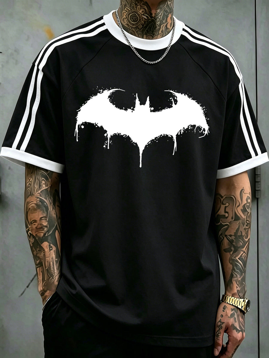 Warner Bros. Official Batman Bat Symbol Print Short Sleeve T-Shirt, American Style Color-Block Ribbed Round Neck 100% Top, Men'S 100% Multi-Functional Sports Casual Style Summer Short Sleeve T-Shirt, Suitable for Outdoor Wear, Gym - Black