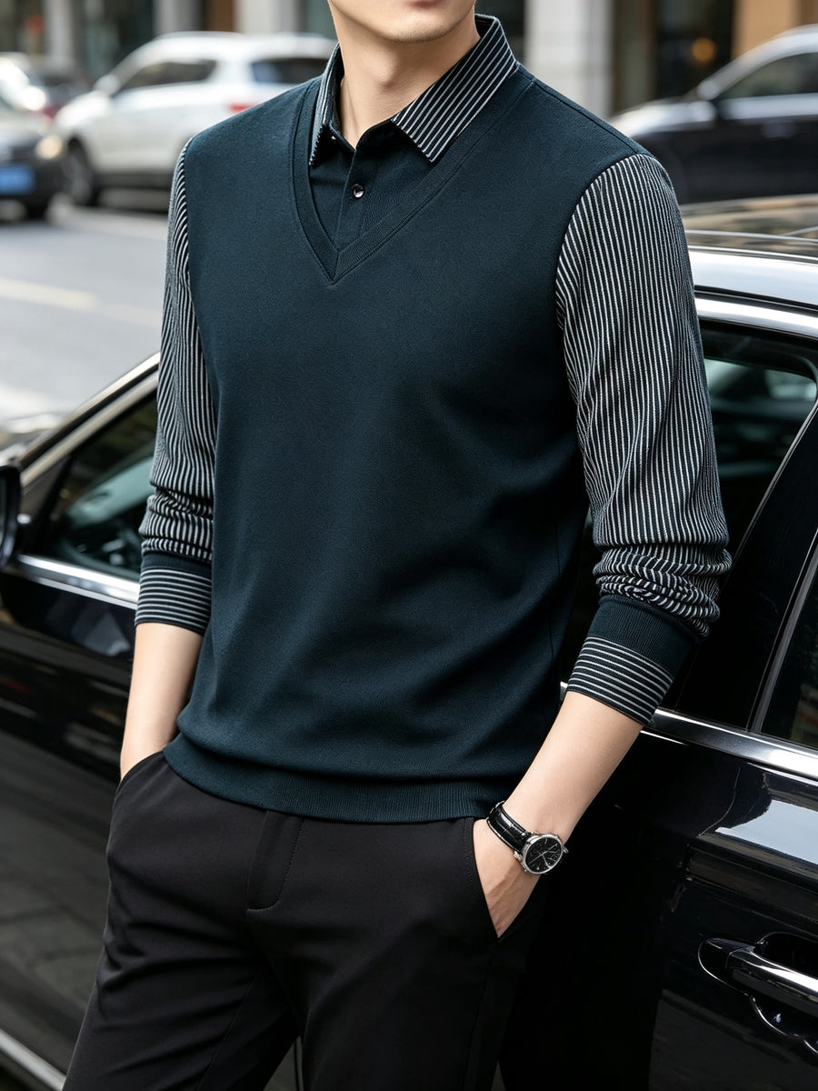 Men'S Faux Two-Piece Long Sleeve Golf Polo Shirt, V-Neck Vest Style with Pinstripe Collar And Cuffs, Polyester-Spandex Blend, Wrinkle-Resistant And 4-Way Stretch, Suitable for Men'S Spring/Autumn Casual Outings, Leisure Travel, And Urban Streetwear - Ha Qing