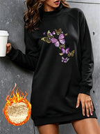 Dreamy Purple-Golden Butterfly Print Half-Turtleneck -Lined Sweatshirt Dress for Women, Autumn/Winter Loose Fit Thickened Midi-Length Top - Black