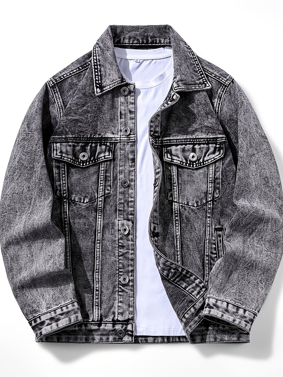 Men'S Vintage Denim Jacket, Classic Lapel, Retro Washed Denim Coat, Multi-Color Casual Workwear Jacket - Black