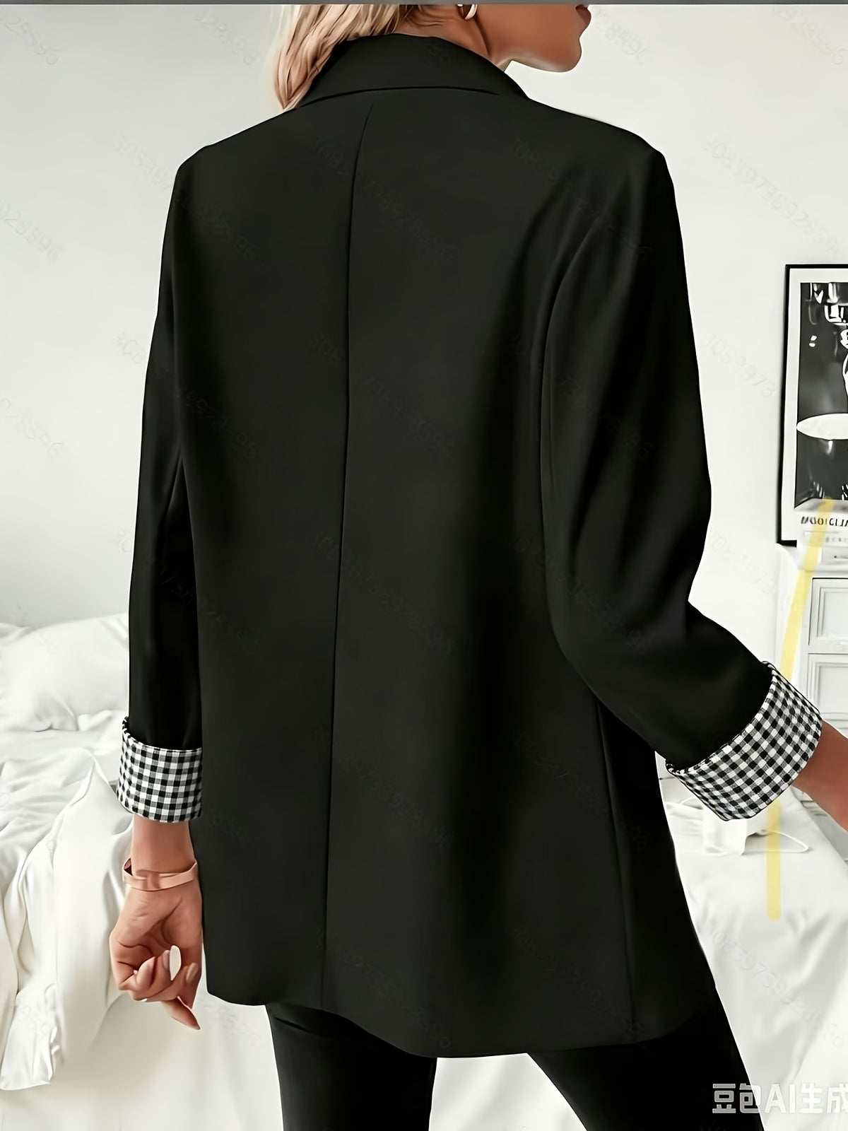 Fashionable Women's Elegant Blazer with Stylish Casual Cuff Splice Design and Notched Lapels - Black