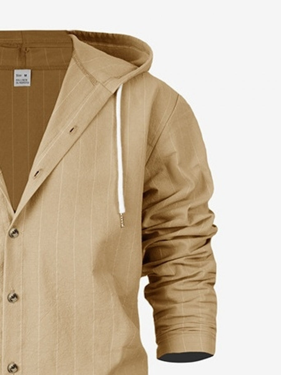 Men's Spring/Autumn Linen Casual Hooded Shirt, American-Style Loose Fit, Effortlessly Stylish, Long-Sleeve Cardigan Design for Easy On/Off, Linen Fabric Is Dry and Breathable, Versatile and Trendy Men's Apparel for Beach Outings - Khaki