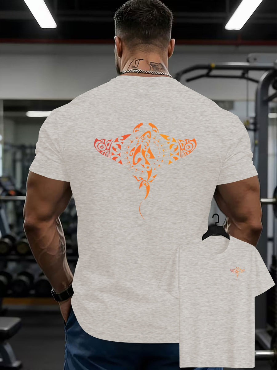 100% Men'S T-Shirt, Multi-Colors Available, Men'S Manta Ray Pattern T-Shirt, Front And Back Print T-Shirt, Summer Casual Round Neck Short Sleeve T-Shirt - Light Grey