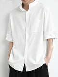 New Loose-Fitting Chinese-Style Stand-Up Collar Men'S Shirt, Comfortable And Breathable Linen Blend Men'S Mid-Length Sleeve Shirt, Easy And Versatile Men'S Casual Shirt - White