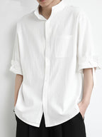 New Loose-Fitting Chinese-Style Stand-Up Collar Men'S Shirt, Comfortable And Breathable Linen Blend Men'S Mid-Length Sleeve Shirt, Easy And Versatile Men'S Casual Shirt - White