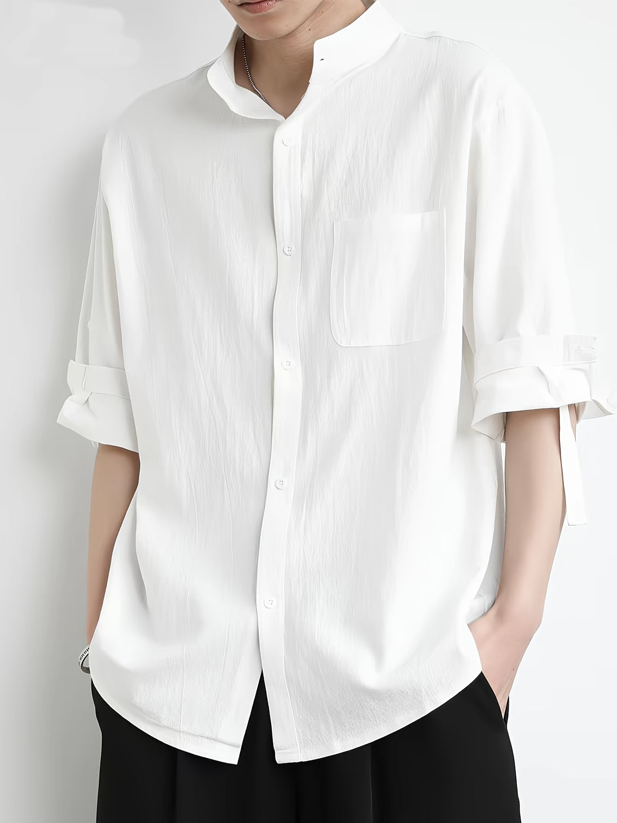 New Loose-Fitting Chinese-Style Stand-Up Collar Men'S Shirt, Comfortable And Breathable Linen Blend Men'S Mid-Length Sleeve Shirt, Easy And Versatile Men'S Casual Shirt - White